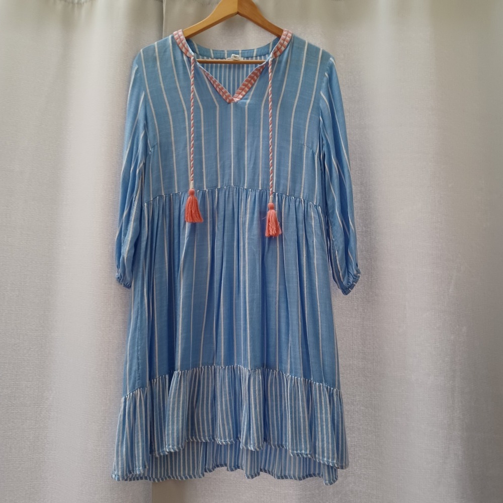 Tribal Jeans Stripe Boho Dress Empire Waist Petite Small Blue
